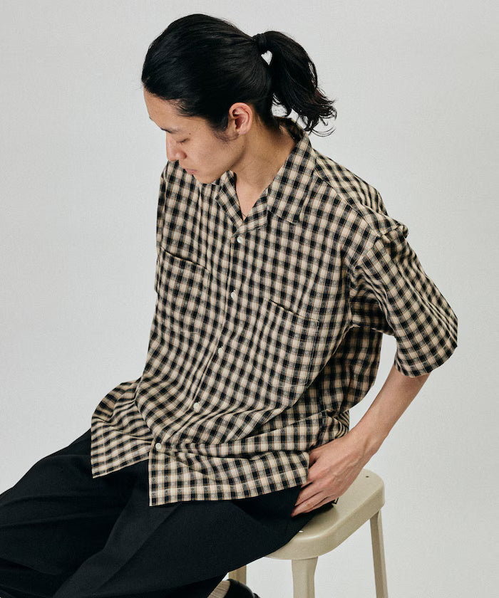 Dobby Woven Check Relaxed Open Collar Short Sleeve Shirt