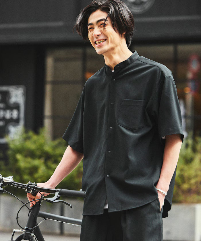 [New Color Added] Quick-Dry Material Relaxed Fit Band Collar Shirt Short Sleeve Linen Feel