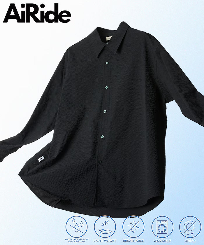 AiRide/Air Ride Relax Fit 2WAY Roll Up Sheer Seersucker Shirt/Pocketable/Quick Dry/UV Cut [Limited Release] - Black