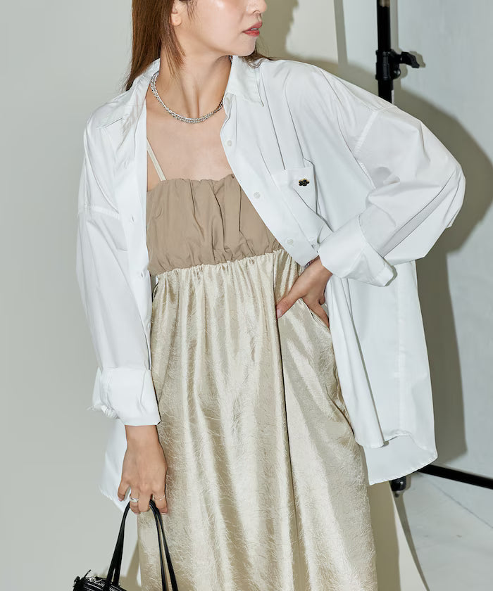 Mixed Material Shirring Satin Dress Limited Release