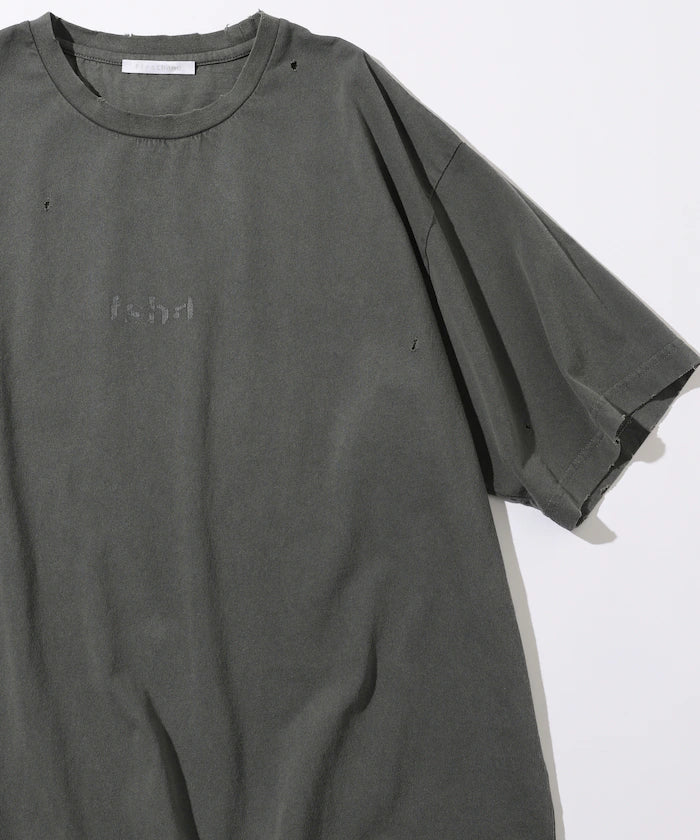7.3 oz damaged processed front logo print short sleeve T-shirt / oversized crew neck short sleeve T-shirt