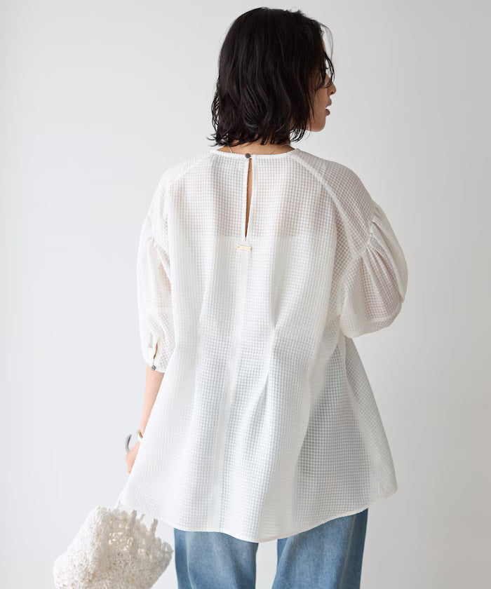 [March 11th 12:00 Release] Sheer Check Balloon Sleeve Blouse / 5-minute sleeves / Flare Silhouette