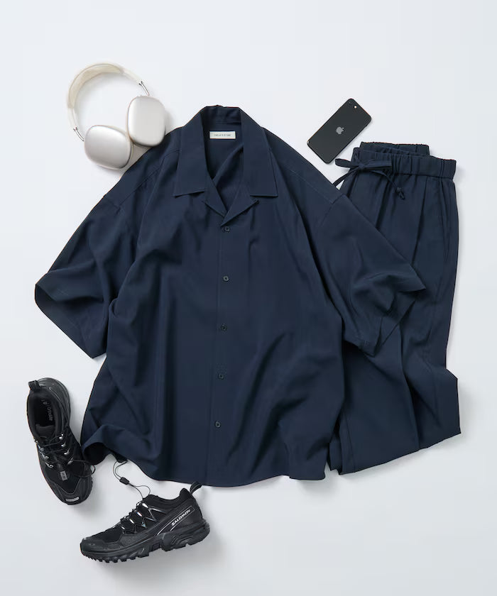Relaxed Fit Linen Touch Setup/Open Collar Shirt/Wide Slacks [Limited Edition] - Navy