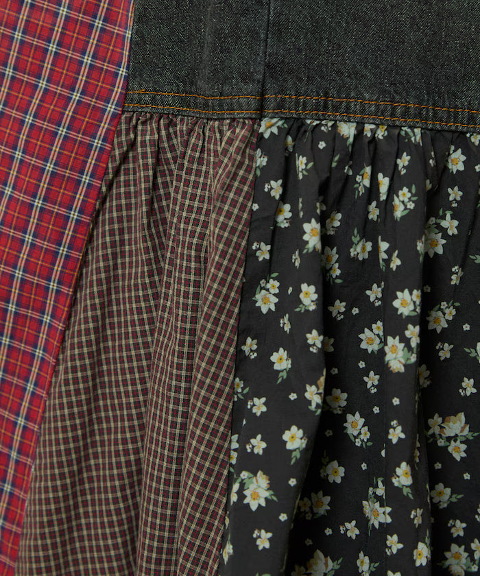 Side Front Denim Color Block Flared Skirt