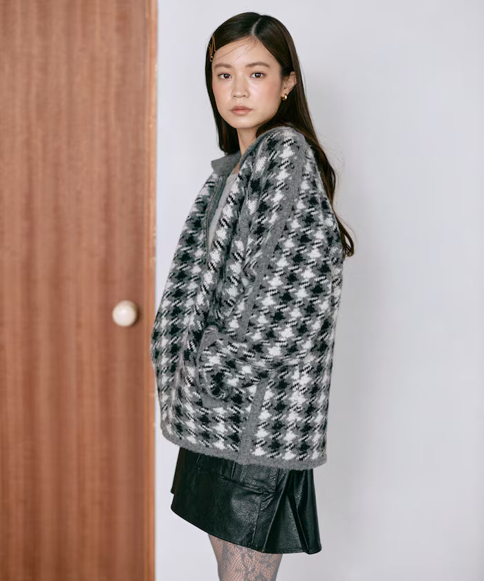 Wool Blend Gancube Check Knit Zip Blouson