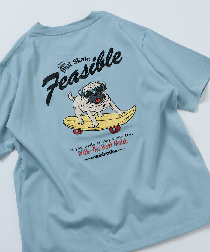 Relaxed Fit Back Embroidery Design Crew Neck T-Shirt / Dog 【Limited Edition】 - Sax Blue