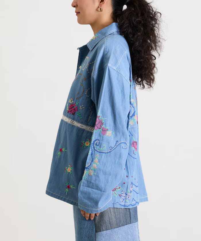 Open Collar Embroidered Shirt Jacket