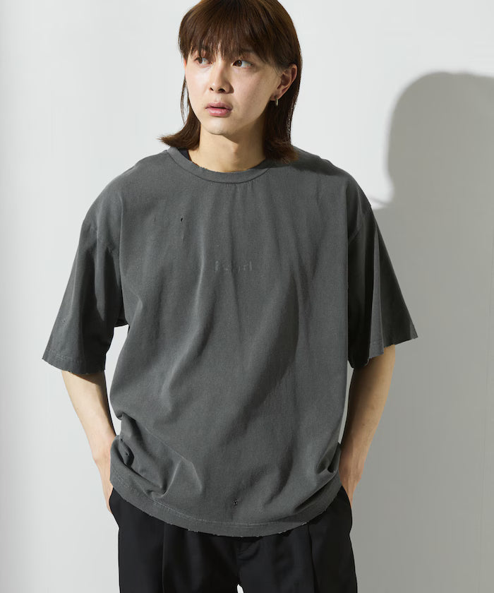 7.3 oz damaged processed front logo print short sleeve T-shirt / oversized crew neck short sleeve T-shirt - Gray