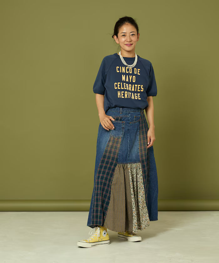 Side Front Denim Color Block Flared Skirt