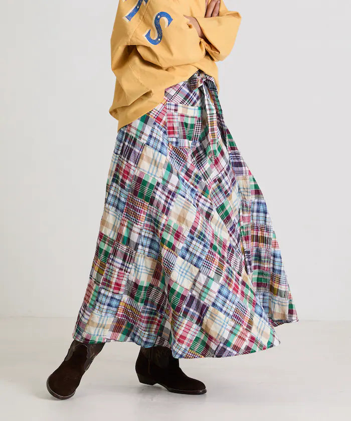 Indian patchwork check wrap skirt