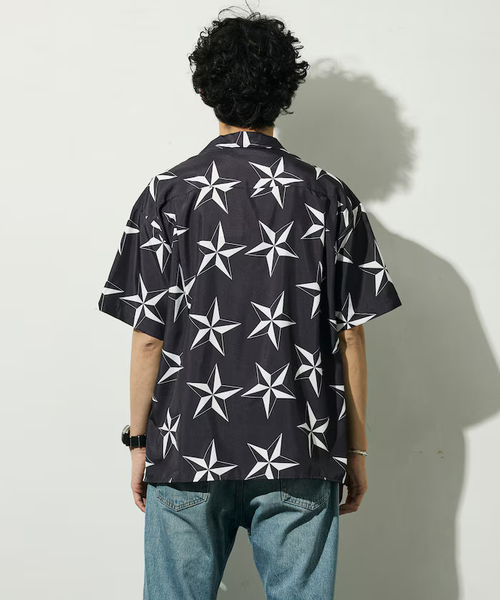 Open collar pattern short sleeve shirt / all-over design open collar shirt / compatible with set-up