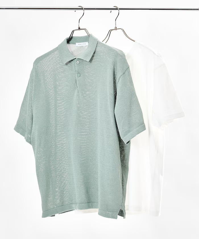Sheer Knit Polo Shirt & Cotton T-Shirt Layered Set - Mint