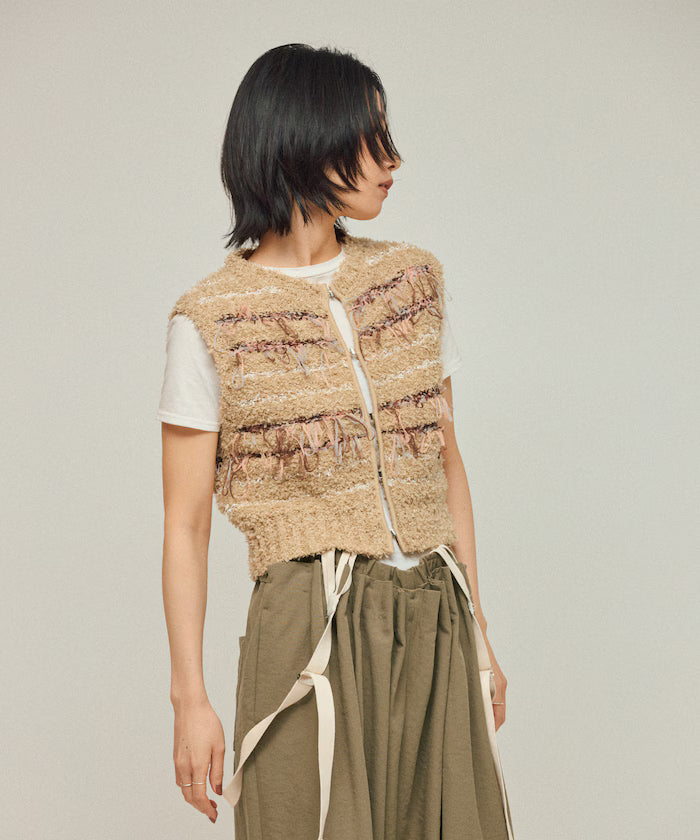 Mixed Material Fringe Knit Vest / Striped Knit Vest 25AW