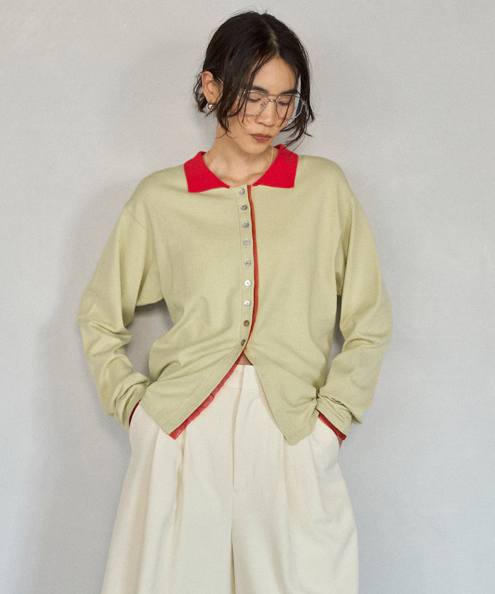 Color Design Fake Layered Long Sleeve Polo Knit Cardigan