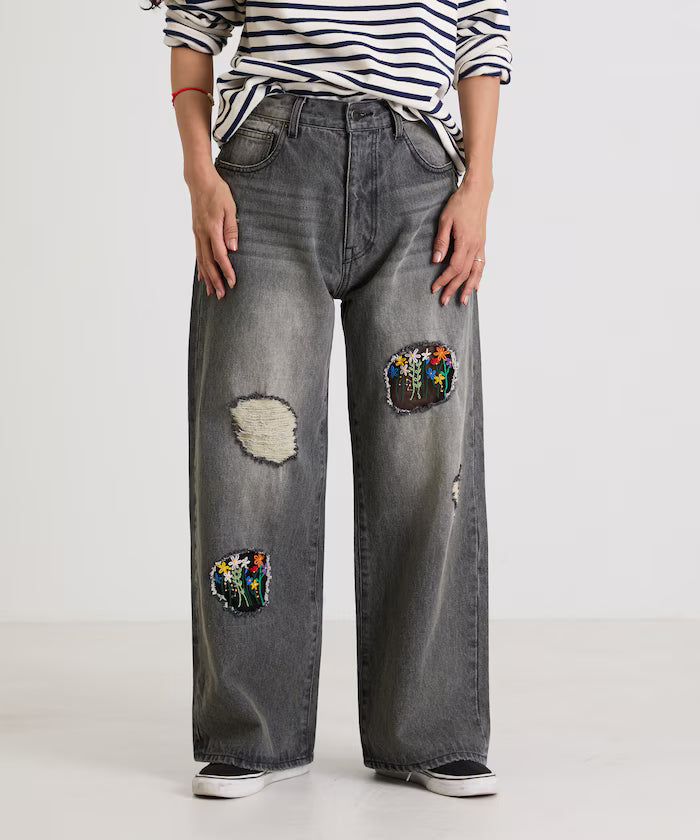 Flower Embroidery Wide Denim