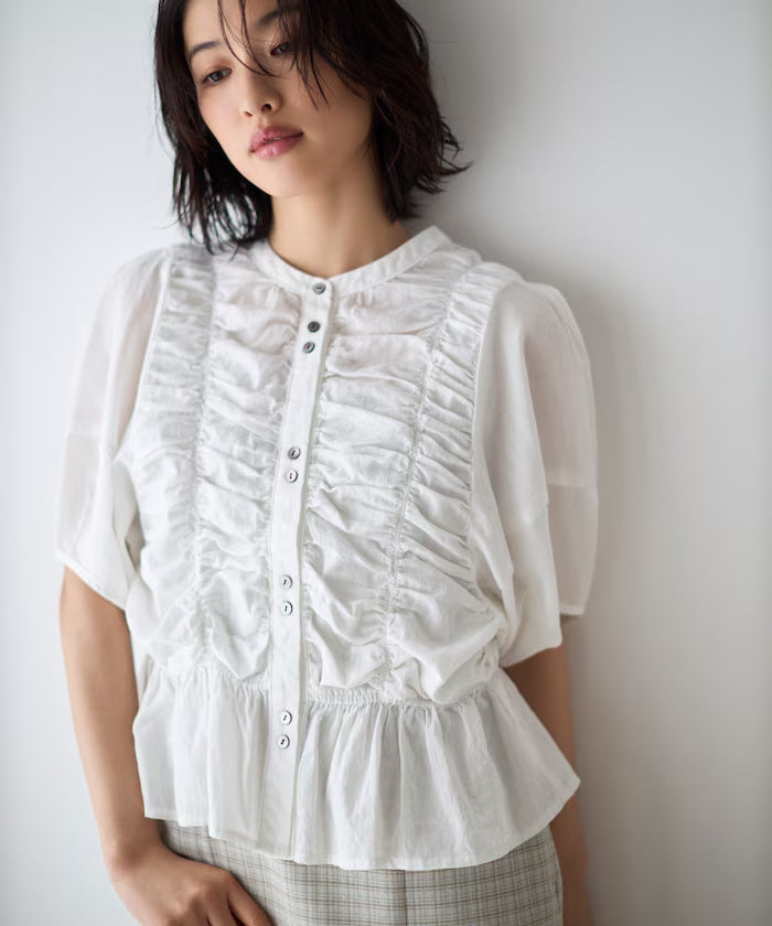 Sheer Shirring Volume Sleeve Blouse / 5 Short Sleeves - White