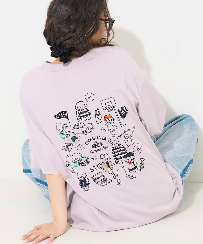 tombonia/Tombonia Back Print Crew Neck T-Shirt/Campus Life - Lavender