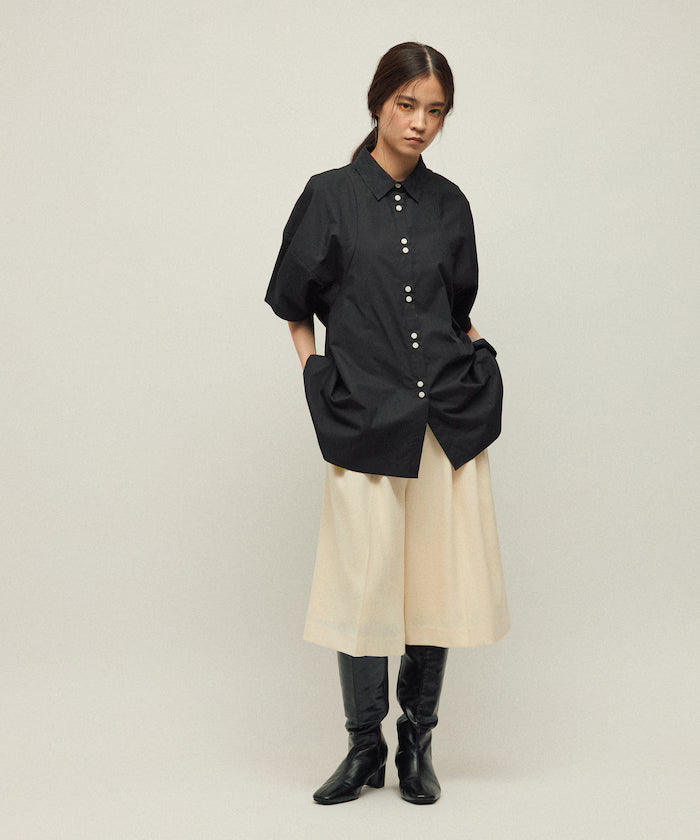 Switching Design Balloon Sleeve Shirt / 5-Minute Sleeve Blouse