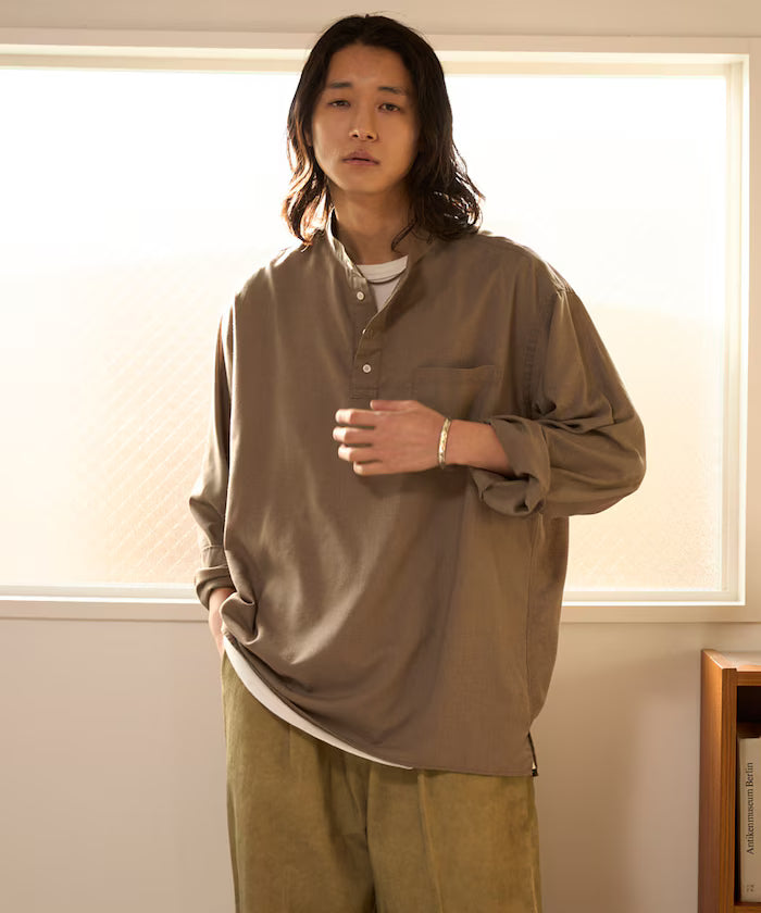 Relax Fit Linen Mix Band Collar Pullover Shirt [Limited Edition] - Beige