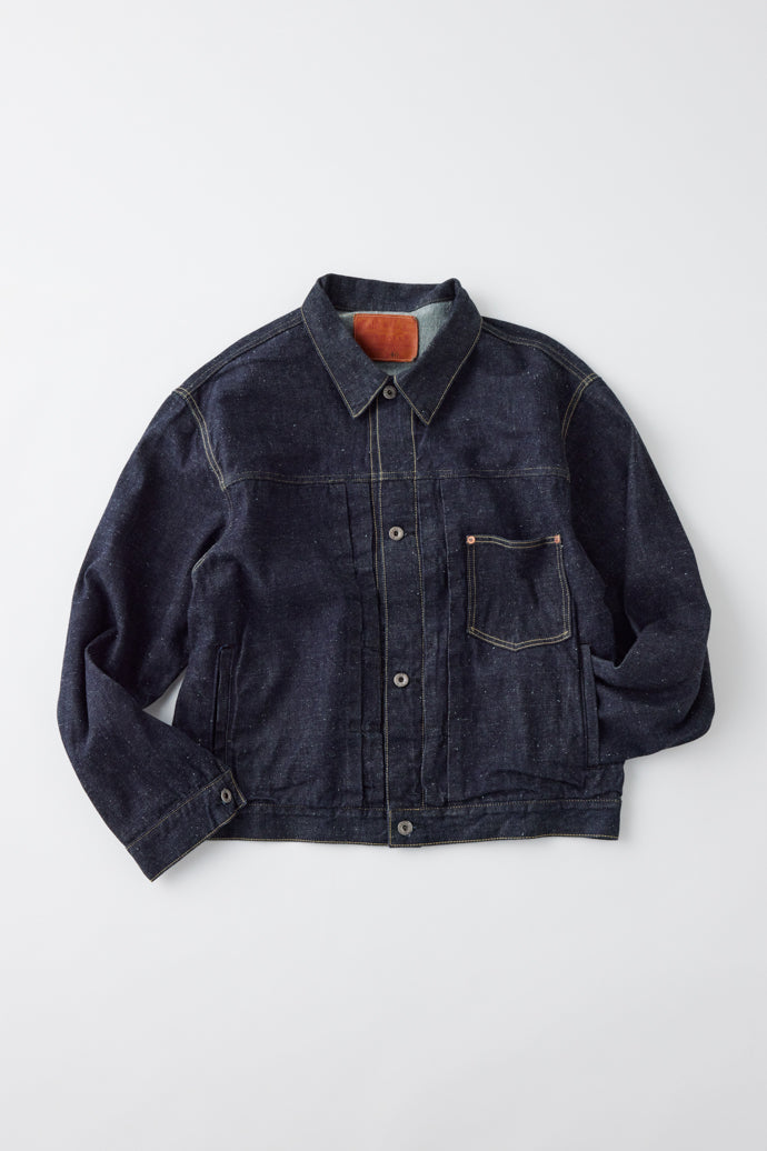 GL15376A / RECYCLED WASTE SUVIN COTTON YARN 11.5oz. DENIM PLEATED BLOUSE WW II MODEL - NAVY