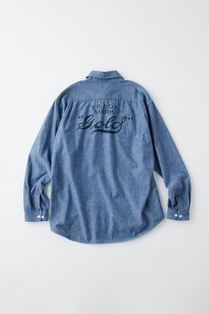 GL29141P / BLUE CHAMBRAY WORK SHIRT “gold" LOGO PRINTED - BLUE