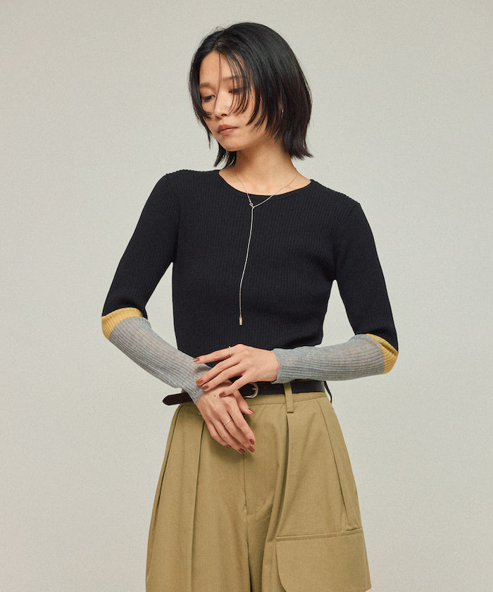Functional material silk blend color block knit pullover / anti-pill / machine washable