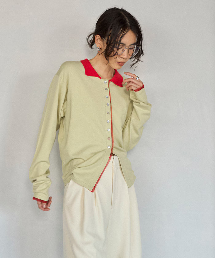 Color Design Fake Layered Long Sleeve Polo Knit Cardigan