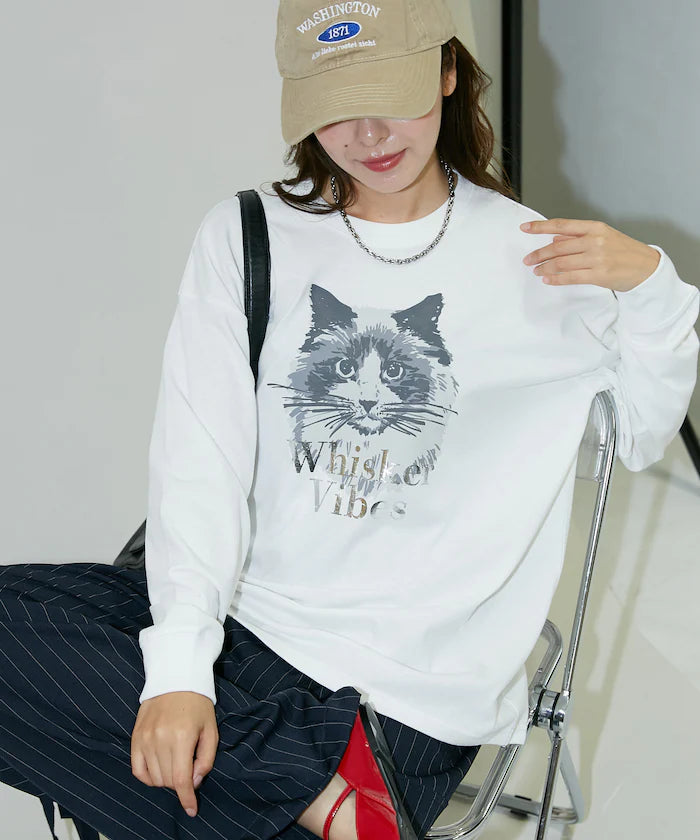 Handwritten-style Cat Print Foil Logo Long Sleeve T Limited Edition - White