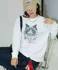 Handwritten-style Cat Print Foil Logo Long Sleeve T Limited Edition - White