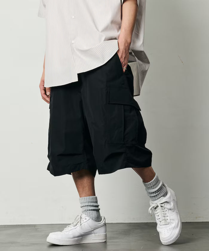 Quick Dry Fabric Wide Silhouette Poly Rip Cross Short Cargo Pants/UV Cut/Quick Dry 【Limited Release】 - Black
