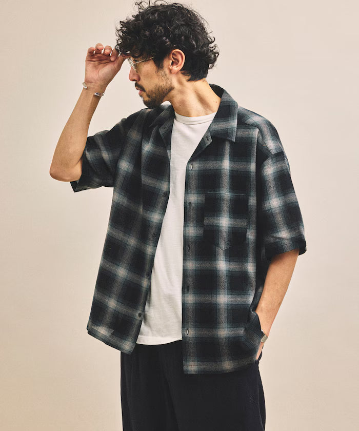 Dyed Ombre Check Open Collar Short Sleeve Sheer Shirt Relaxed Fit