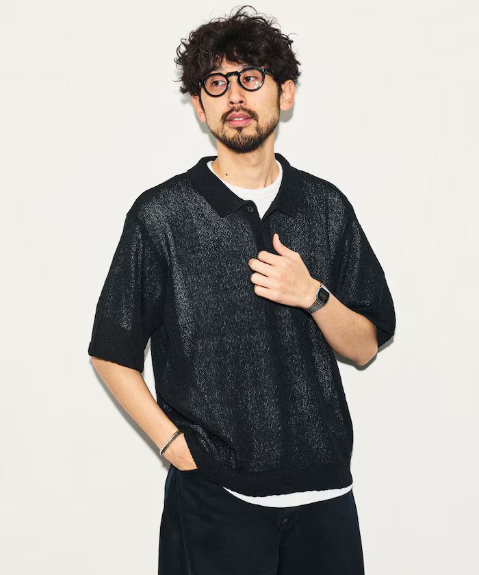 Dry Touch Boucle Yarn Knit Polo Shirt - Black