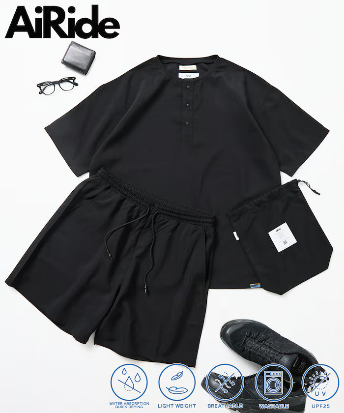 AiRide/Packable Setup/Henley Neck Pullover/Shorts/Packable/Quick-Drying/UVA Cut 【Limited Edition】 - Black