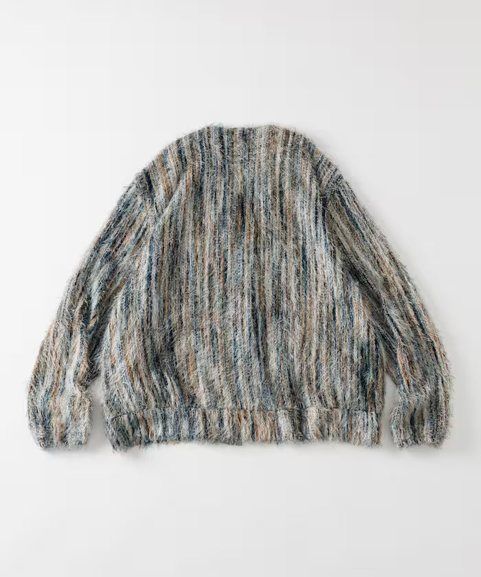 Relaxed Fit Shaggy Knit Multi-Stripe Cardigan