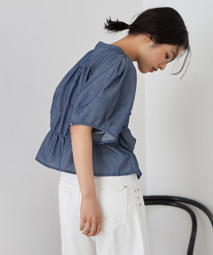 Sheer Shirring Volume Sleeve Blouse / 5 Short Sleeves