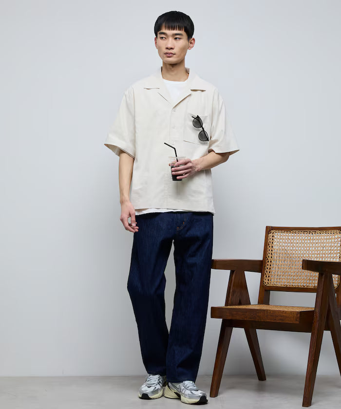 Ramie Blend Oversize Short Sleeve Open Collar Shirt / Easy Care Shirt / Linen Blend Short Sleeve Shirt