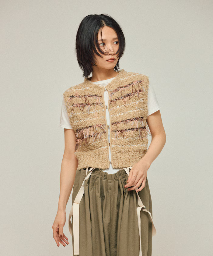 Mixed Material Fringe Knit Vest / Striped Knit Vest 25AW