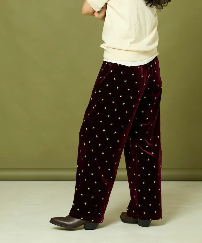 Small Flower Embroidery Velvet Pants