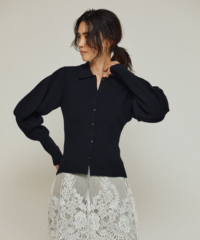 Functional material silk blend knit polo volume sleeve knit cardigan / anti-pill / machine washable