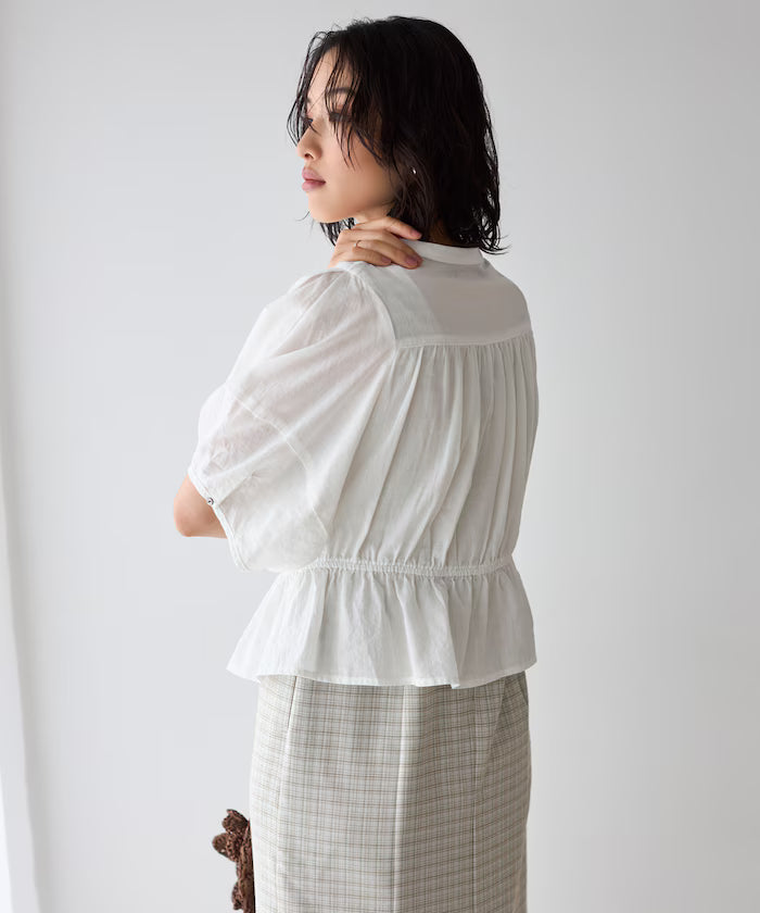 Sheer Shirring Volume Sleeve Blouse / 5 Short Sleeves