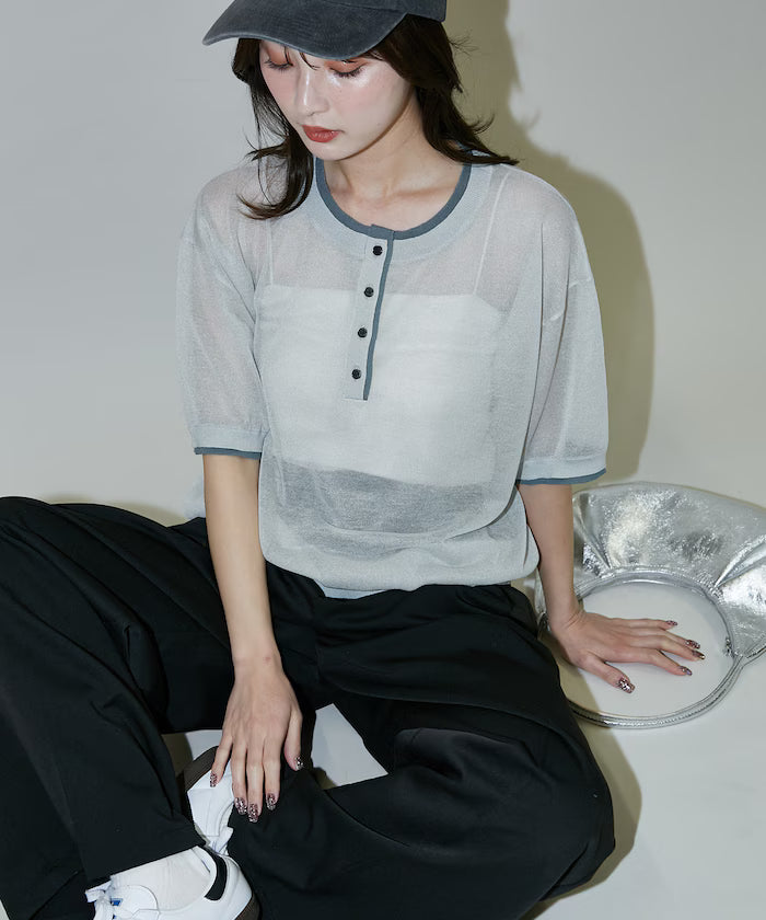 Washable linen color block henley neck knit top limited release