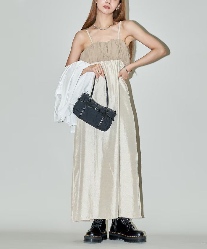 Mixed Material Shirring Satin Dress Limited Release