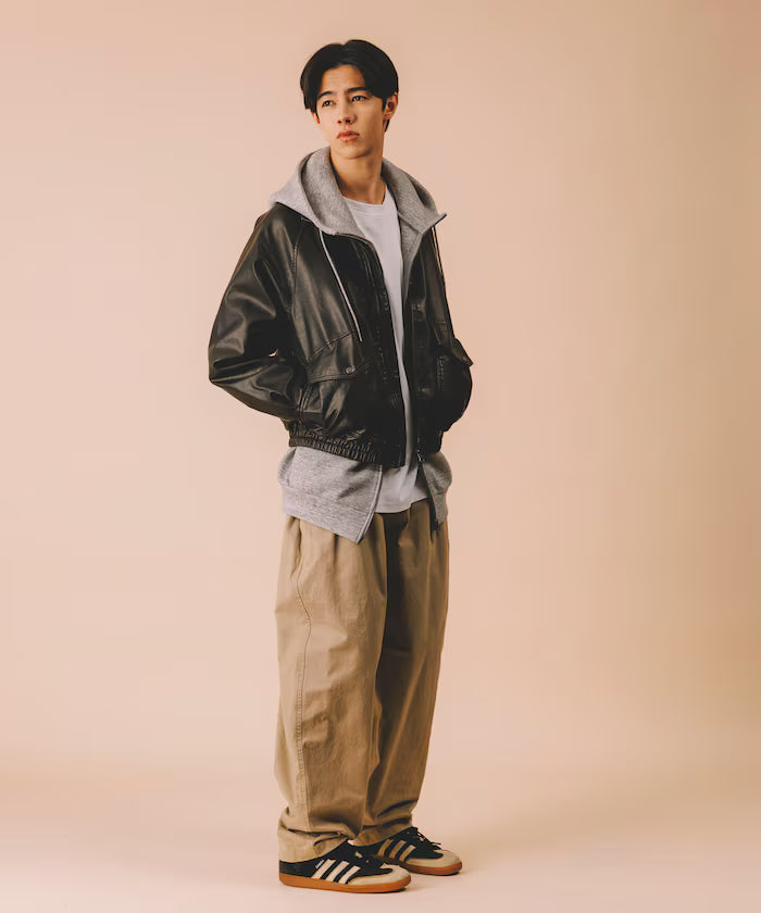 Washed processed leather red stand collar zip-up short blouson