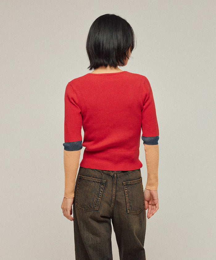 Functional material silk blend color block knit pullover / anti-pill / machine washable