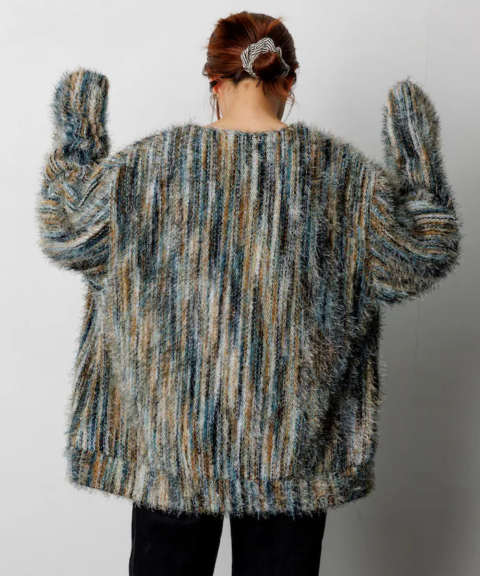 Relaxed Fit Shaggy Knit Multi-Stripe Cardigan