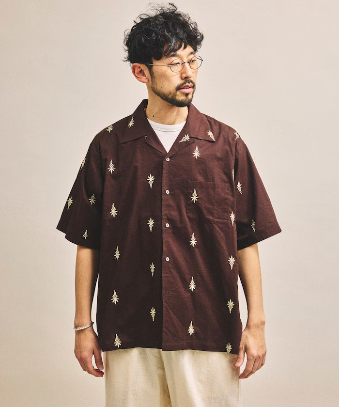 India-made all-over pattern embroidered relax-fit open collar short sleeve shirt