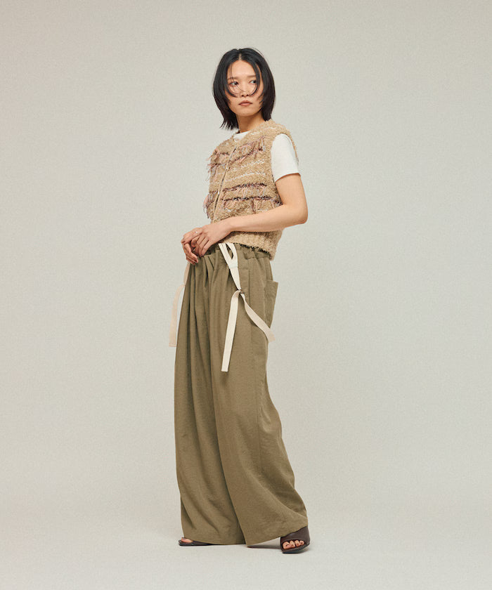 Mixed Material Fringe Knit Vest / Striped Knit Vest 25AW