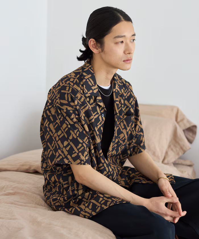 Mesh Open Collar Pattern Short Sleeve Shirt / Allover Design Open Collar Shirt / Big Silhouette