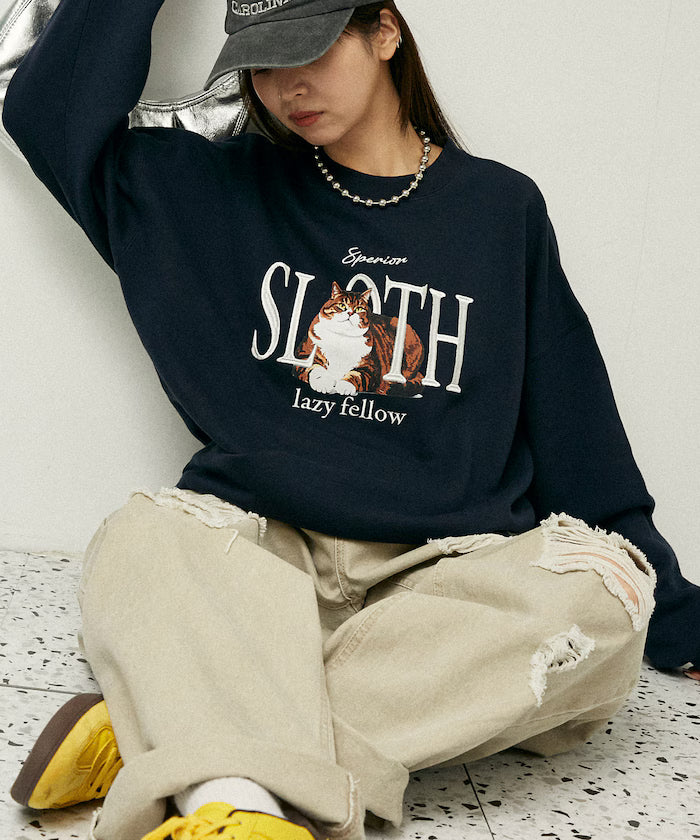 SLOTH Cat Fleece Lined Sweatshirt Limited Edition - Navy