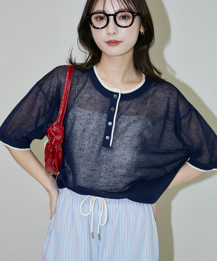 Washable linen color block henley neck knit top limited release